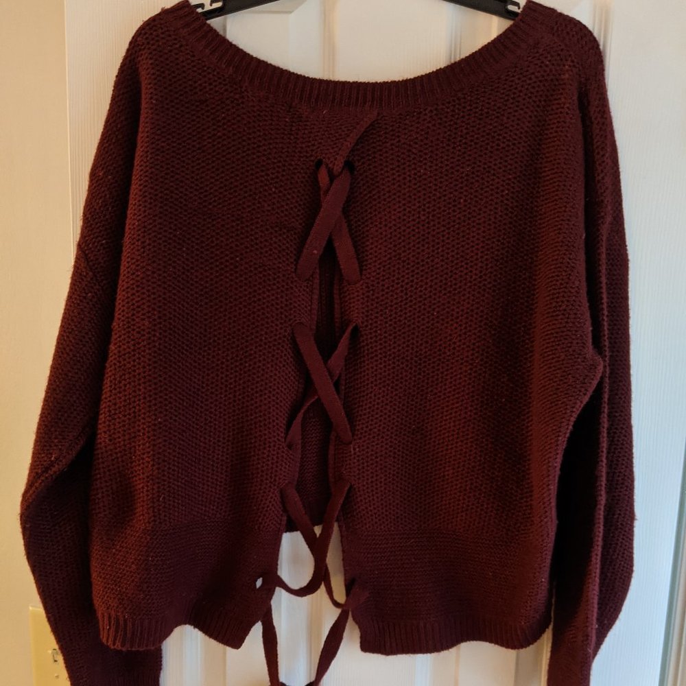 Knitted Burgundy Sweater with Open Tied Back